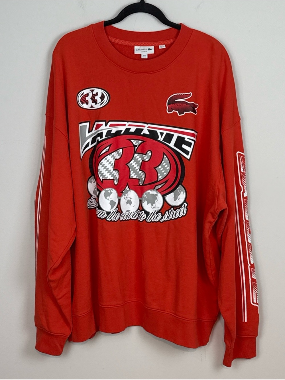 Lacoste Men's Loose Fit Pullover Sweatshirt Orange White 3XL $175